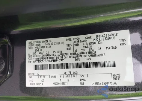 2020 Ford F-150 Xl из США, поврежденный, VIN 1FTEX1CP5LFB54592